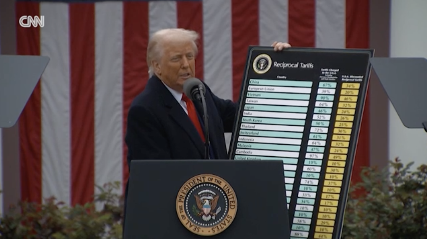 Screenshot shows Trump announcing his economy-crushing tariffs on "Liberation Day," April 2025