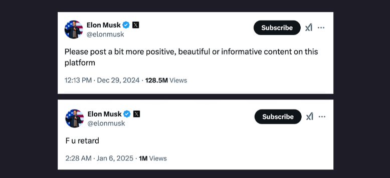 Two Musk tweets: 1st shows him asking for more "positive, beautiful" content; 2nd shows him saying "f u retard"