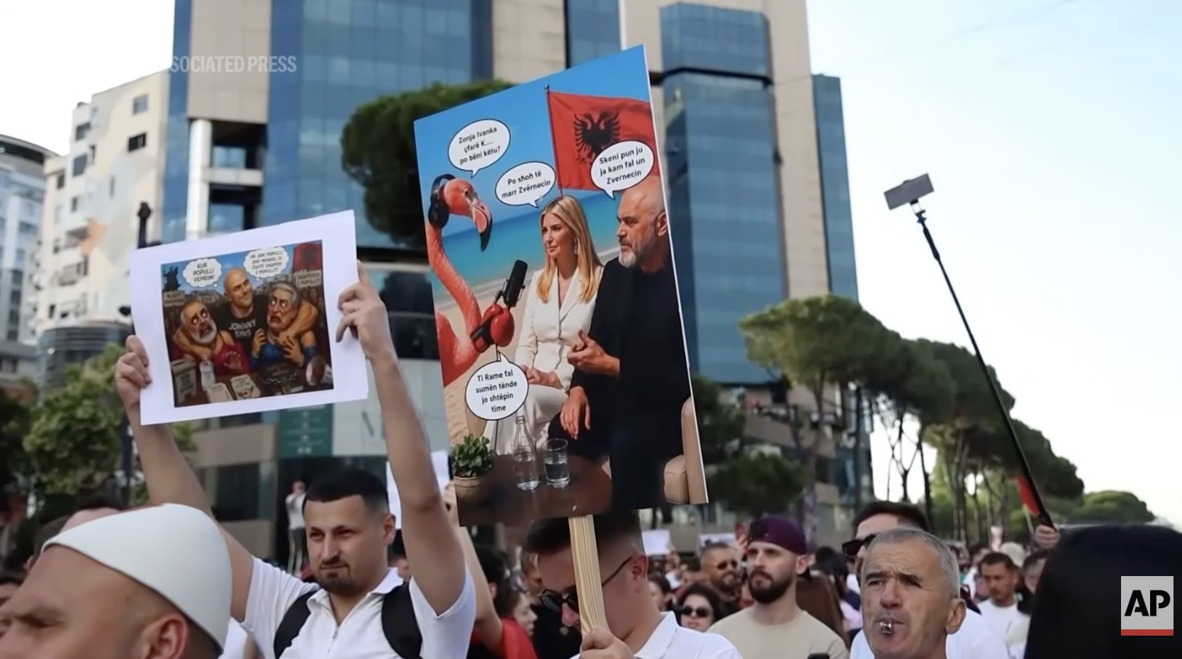 Photo shows scene from a mass protest against Trump family corruption in Albania.