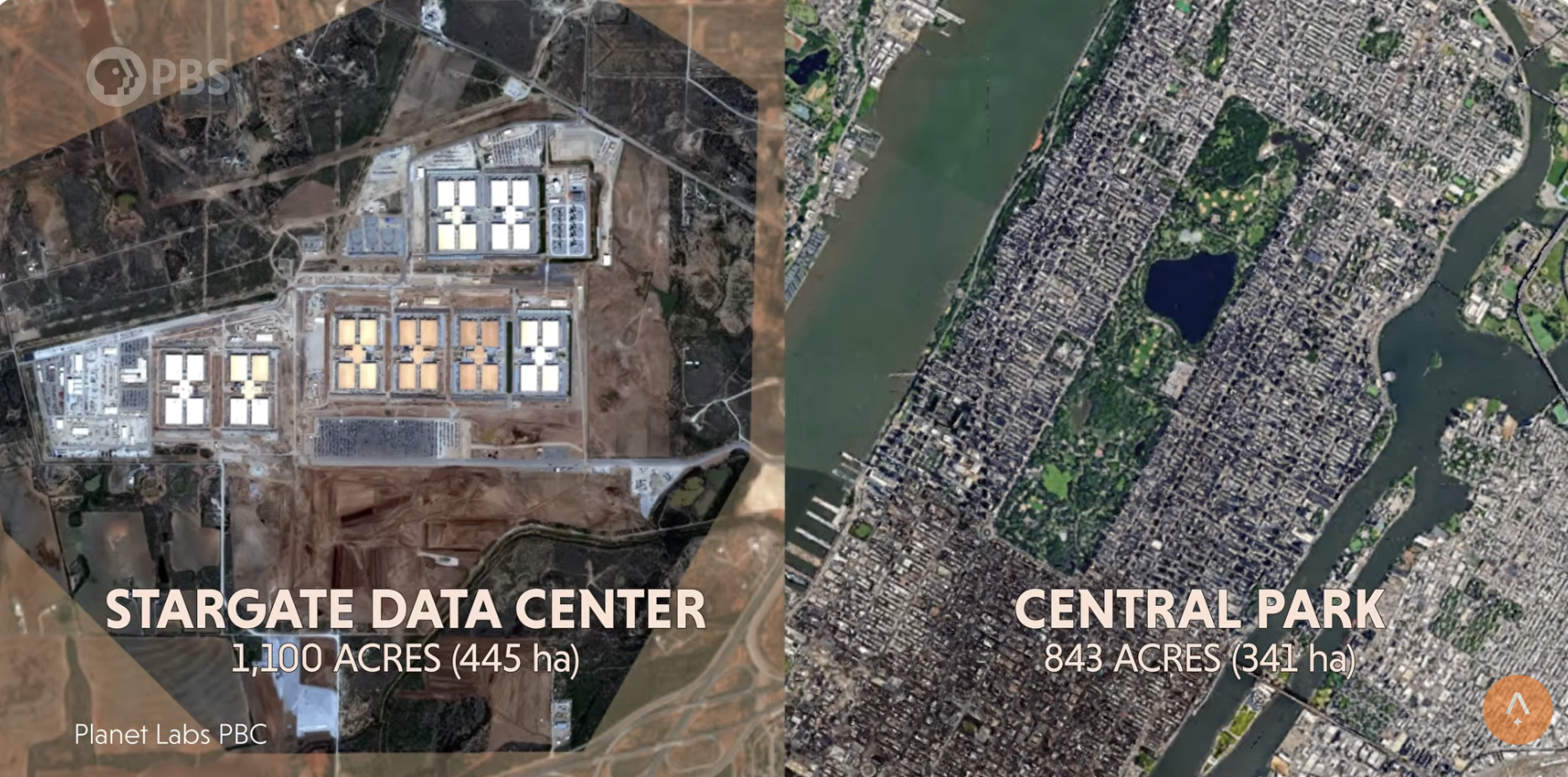 Satellite images show the comparative sizes of Stargate data center in Texas (1100 acres) and Central Park in New York City (843 acres)