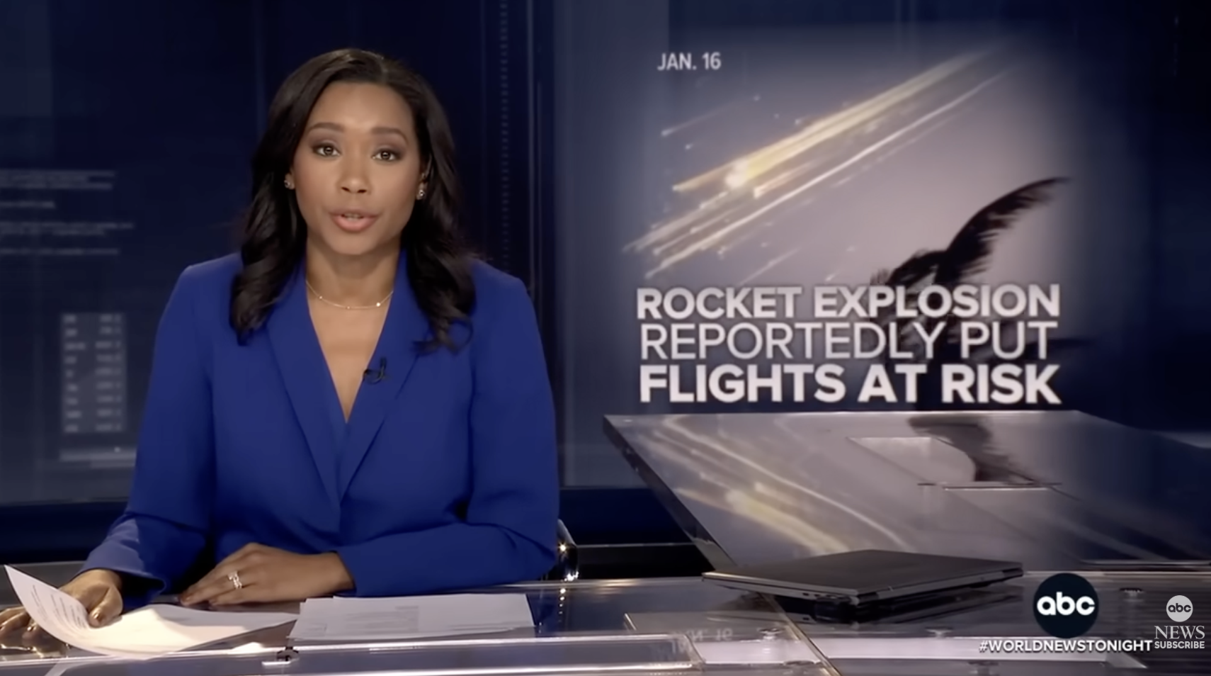 ABC World News Tonight report on debris from SpaceX explosion endangering passenger flights