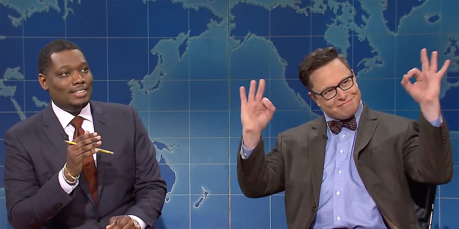 Screenshot shows Elon Musk on Saturday Night Live's weekend update segment playing a financial expert who admits that Dogecoin is a "hustle"