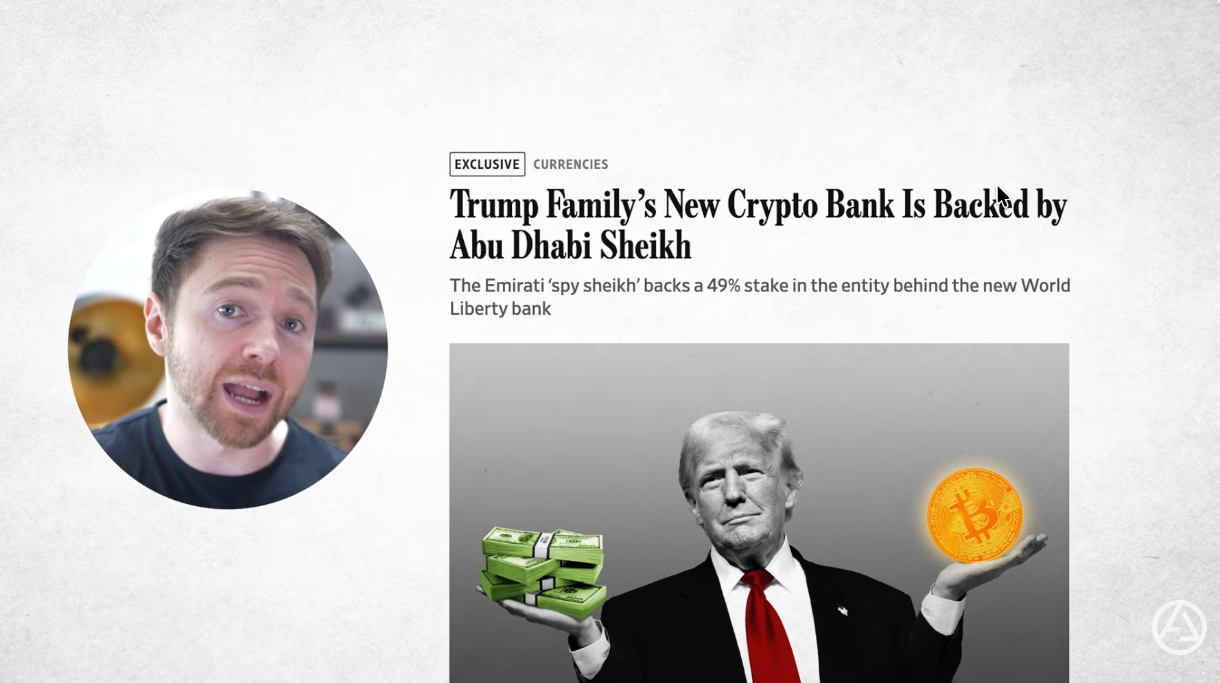 Screenshot of Andrei Jikh YouTube video shows headline about the Trump families's new crypto bank