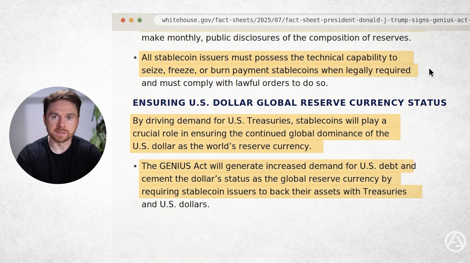 Screenshot from Andrei Jikh on YouTube explaining details of the GENIUS act.