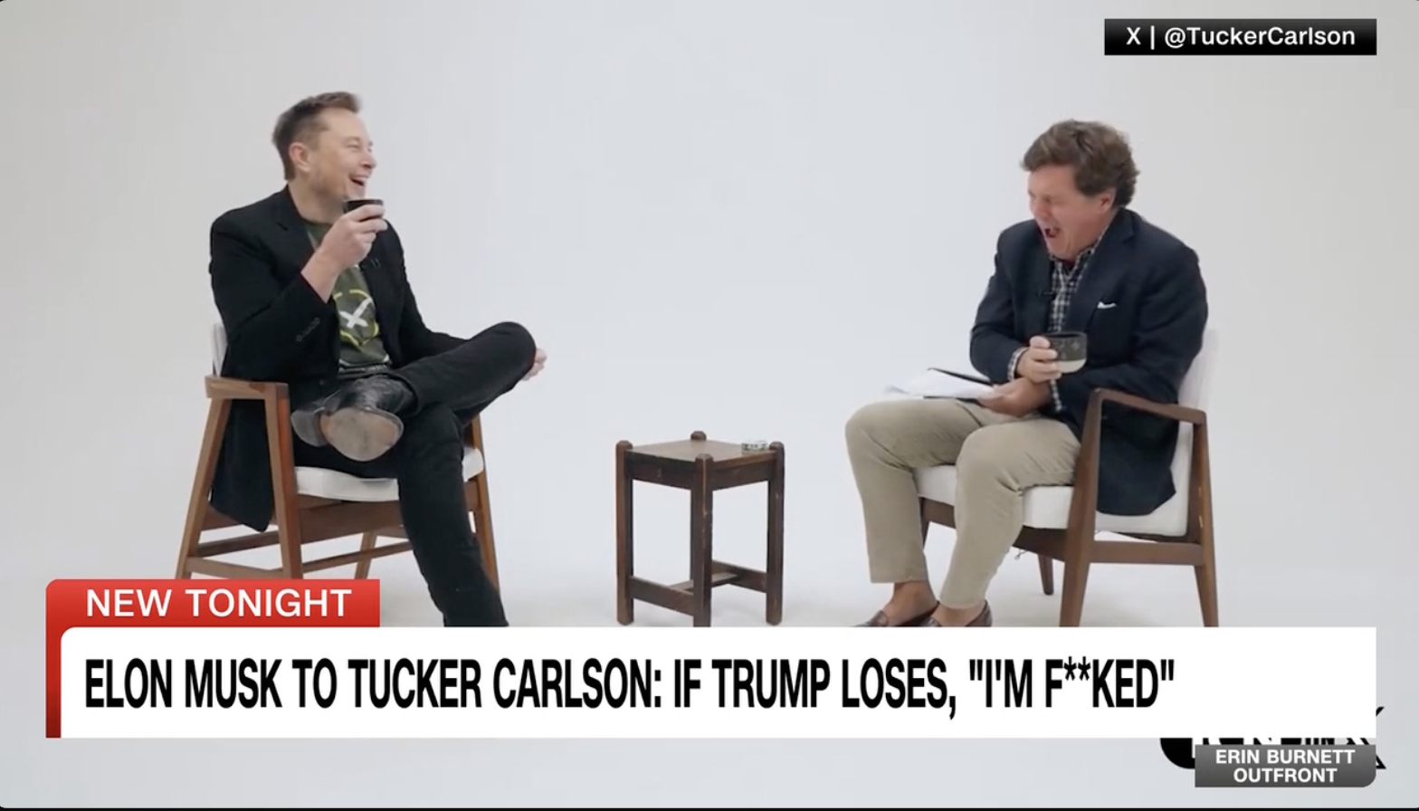 Screenshot of Oct 2024 interview between Elon Musk and Tucker Carlson with the chyron: "Elon Musk to Tucker Carlson: if Trump loses, I'm fucked"