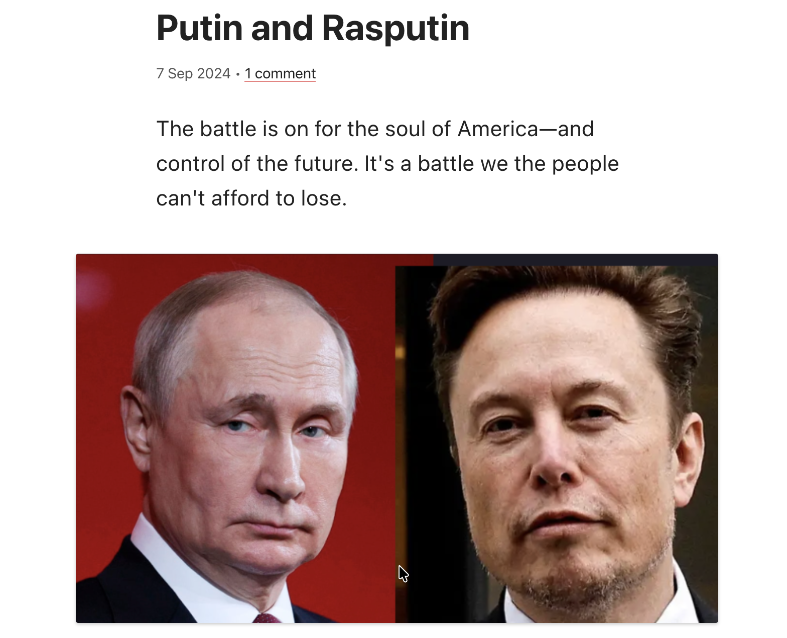 Screenshot of 7 September 2024 issue of this newsletter headlined "Putin and Rasputin"