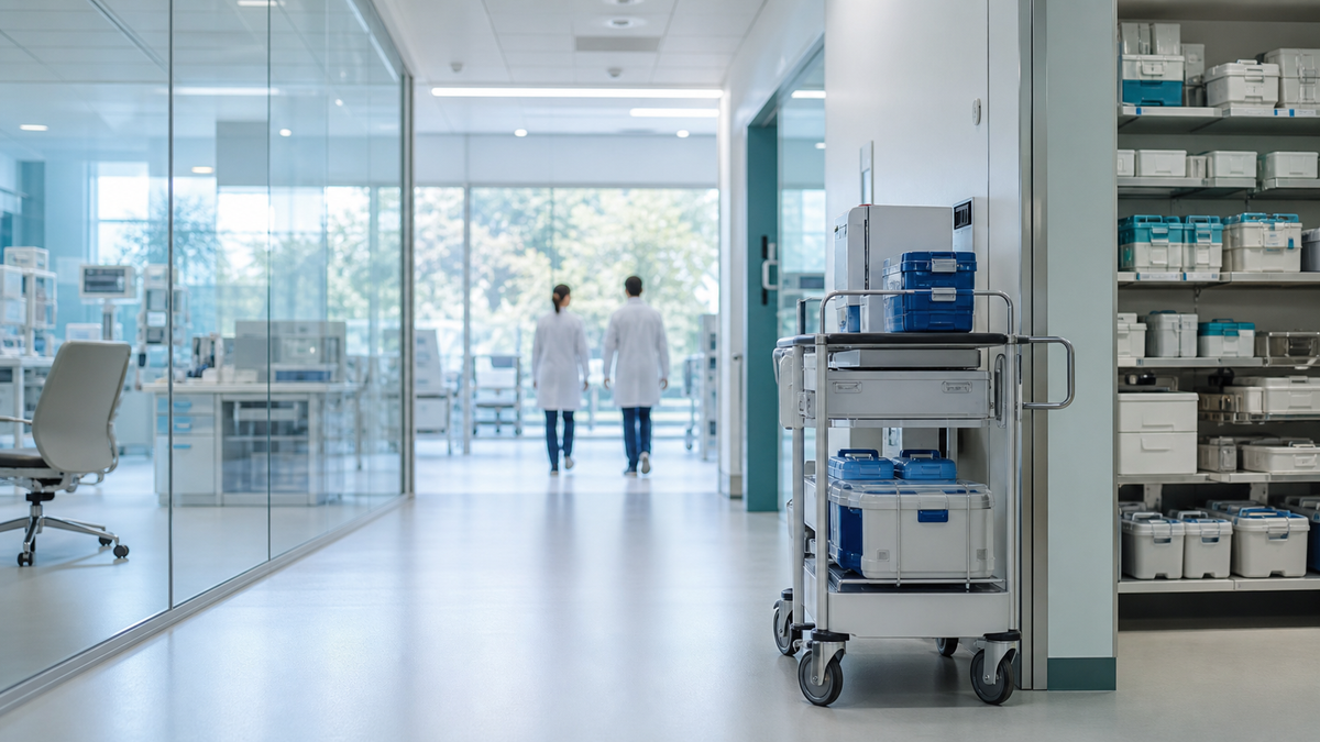 AI-generated editorial illustration of a modern hospital and pharmaceutical distribution setting