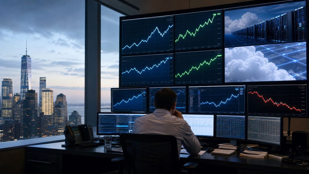 Photorealistic editorial image of a Wall Street trading desk split between rising cloud-computing screens and falling technology charts