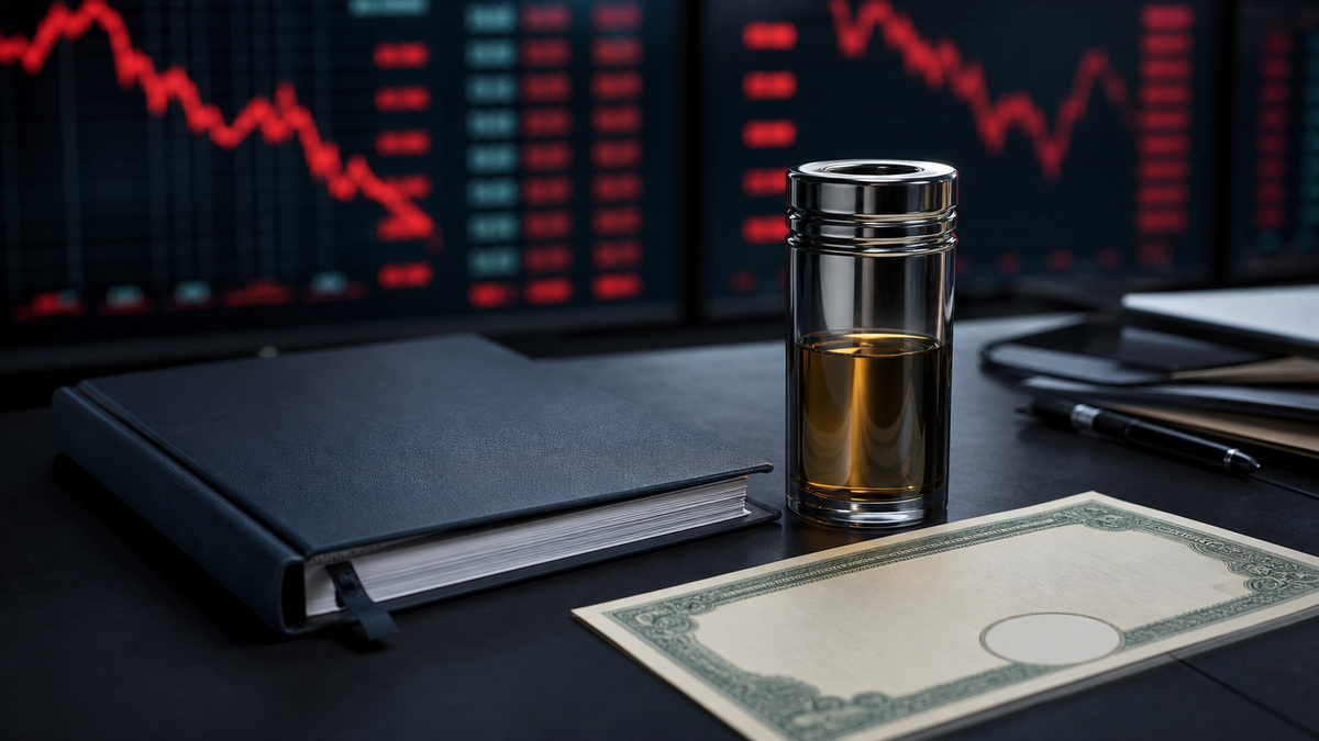AI-generated editorial illustration of a turbulent financial market desk with central-bank and energy imagery