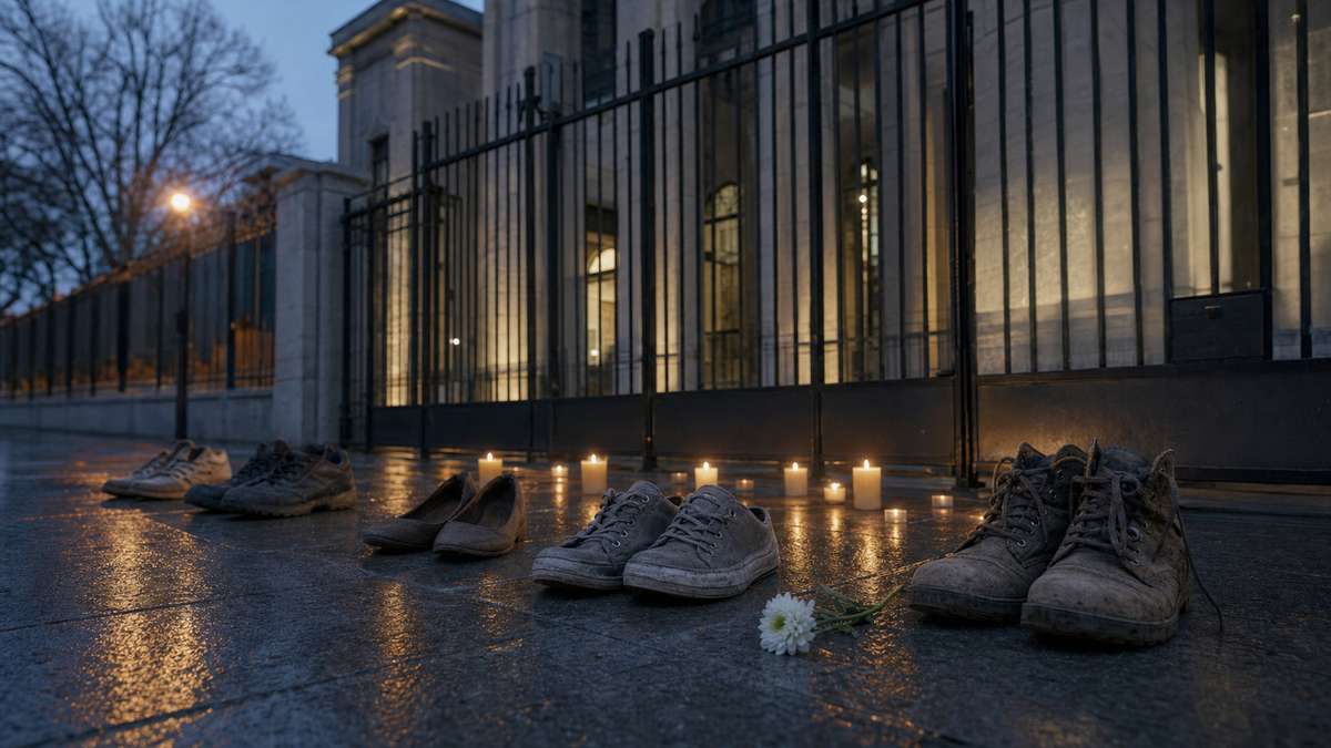 AI-generated symbolic editorial illustration of candles and empty shoes outside a barred courthouse