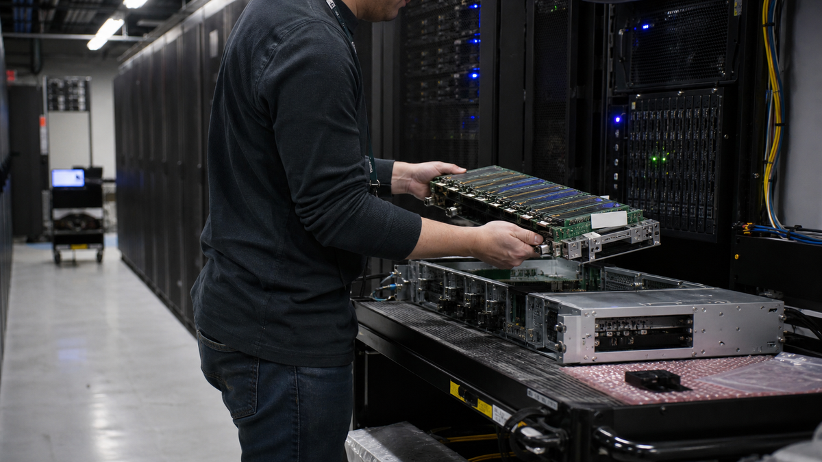 A data-center technician installs an AI accelerator and memory assembly into a server chassis.