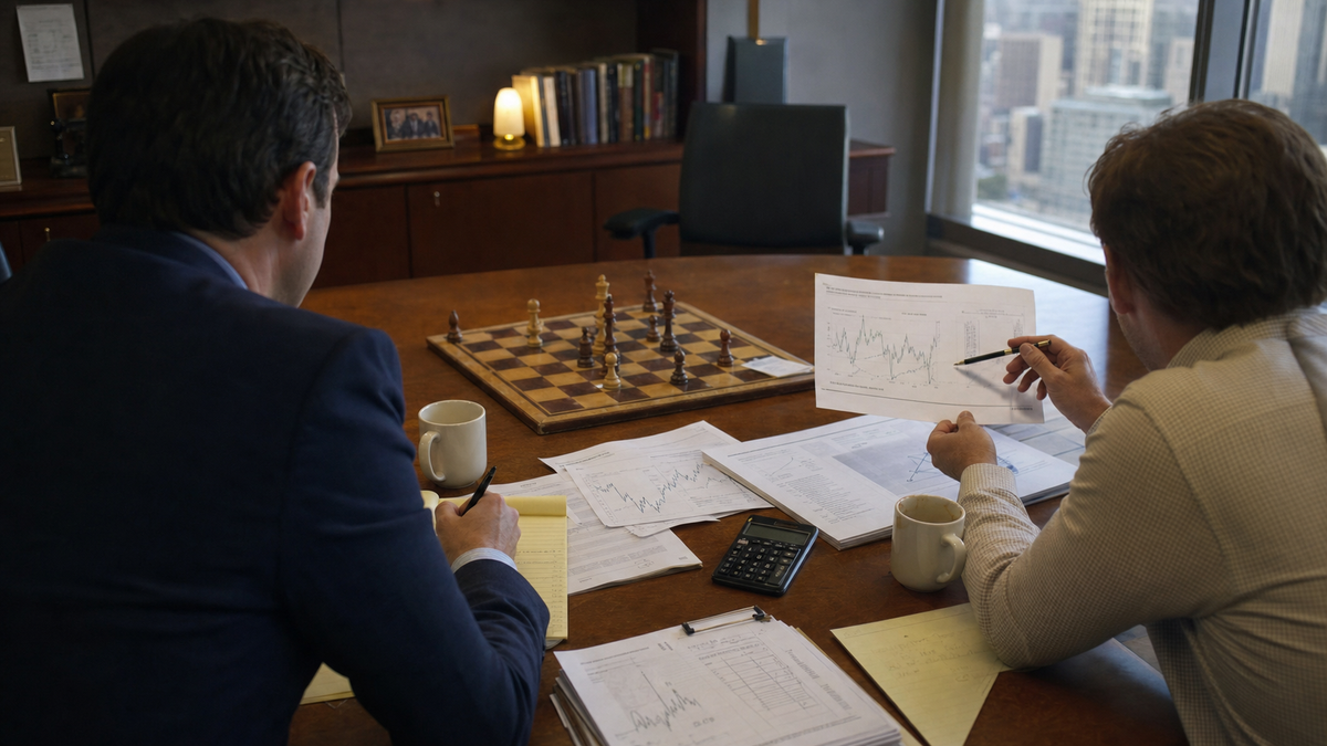 Two institutional investors compare portfolio charts and an unfinished chess position in a conference room.