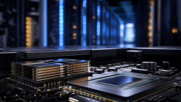 AI-generated editorial illustration of advanced memory chips in an illuminated data-center environment