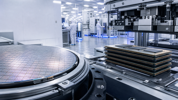 Photorealistic editorial image of advanced memory wafers and high-bandwidth memory modules inside a modern semiconductor fabrication facility