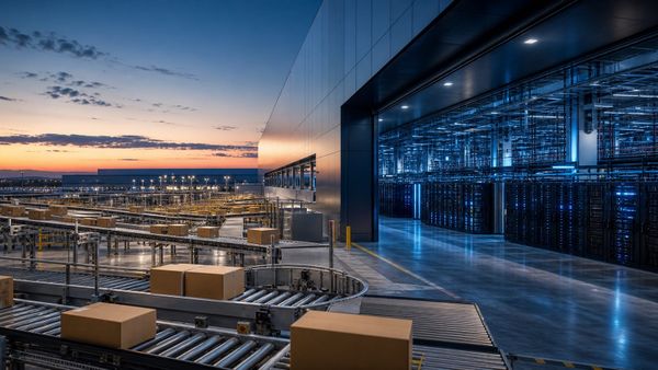 Photorealistic editorial image joining a highly automated fulfillment center with a large cloud data center at dusk