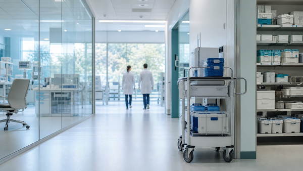 AI-generated editorial illustration of a modern hospital and pharmaceutical distribution setting