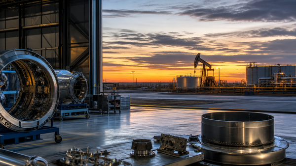 AI-generated editorial illustration combining a U.S. defense factory and domestic energy infrastructure