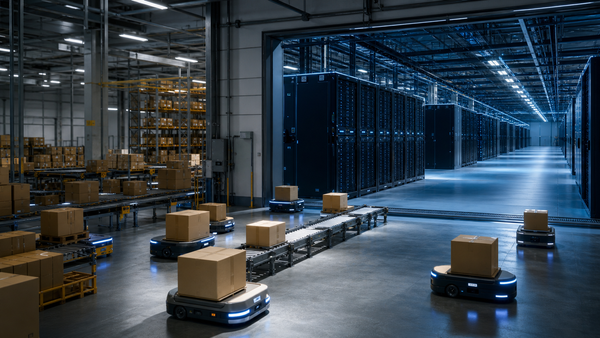 AI-generated editorial illustration joining an e-commerce fulfillment center with a cloud data center