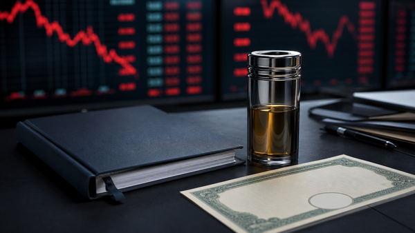 AI-generated editorial illustration of a turbulent financial market desk with central-bank and energy imagery