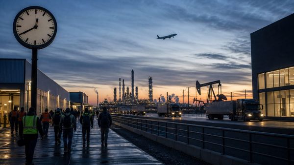 Photorealistic editorial image of workers beginning a predawn shift near a refinery, pumpjacks, logistics trucks and a cargo aircraft