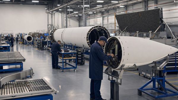 Photorealistic editorial image of a U.S. missile-defense production line with radar arrays and precision aerospace components