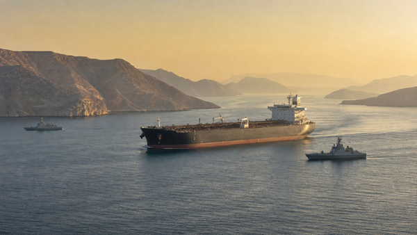 AI-generated editorial illustration of an oil tanker transiting a narrow strait under protective naval observation