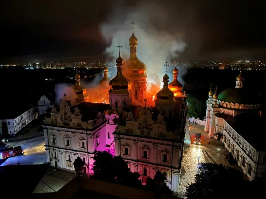 Russian attacks set fire to the 1,000 year old Dormition Cathedral at Kyiv's UNESCO-listed Pechersk Lavra, kills civilians overnight