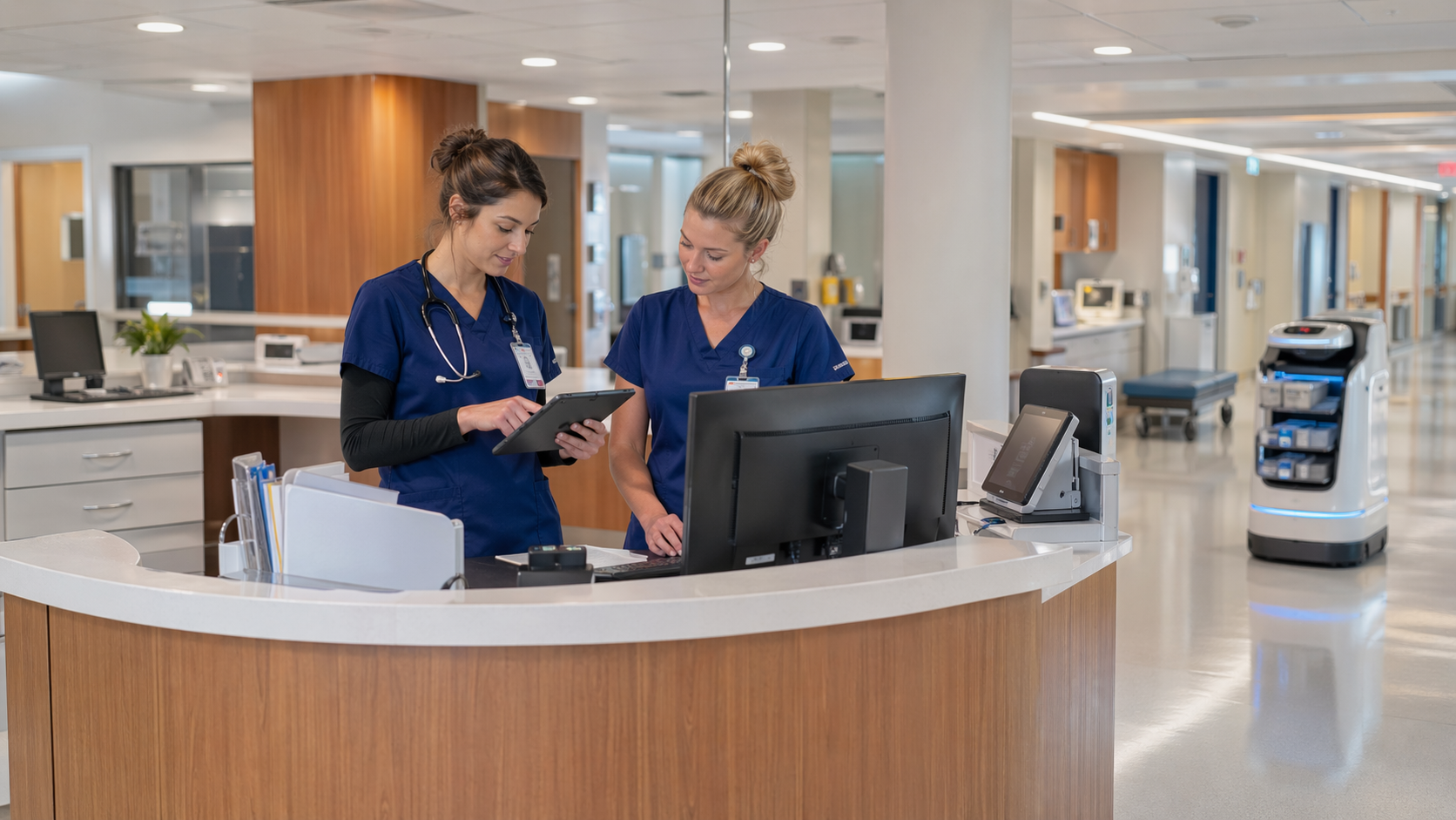 Nurses reviewing charts at a modern hospital station with delivery robot nearby.