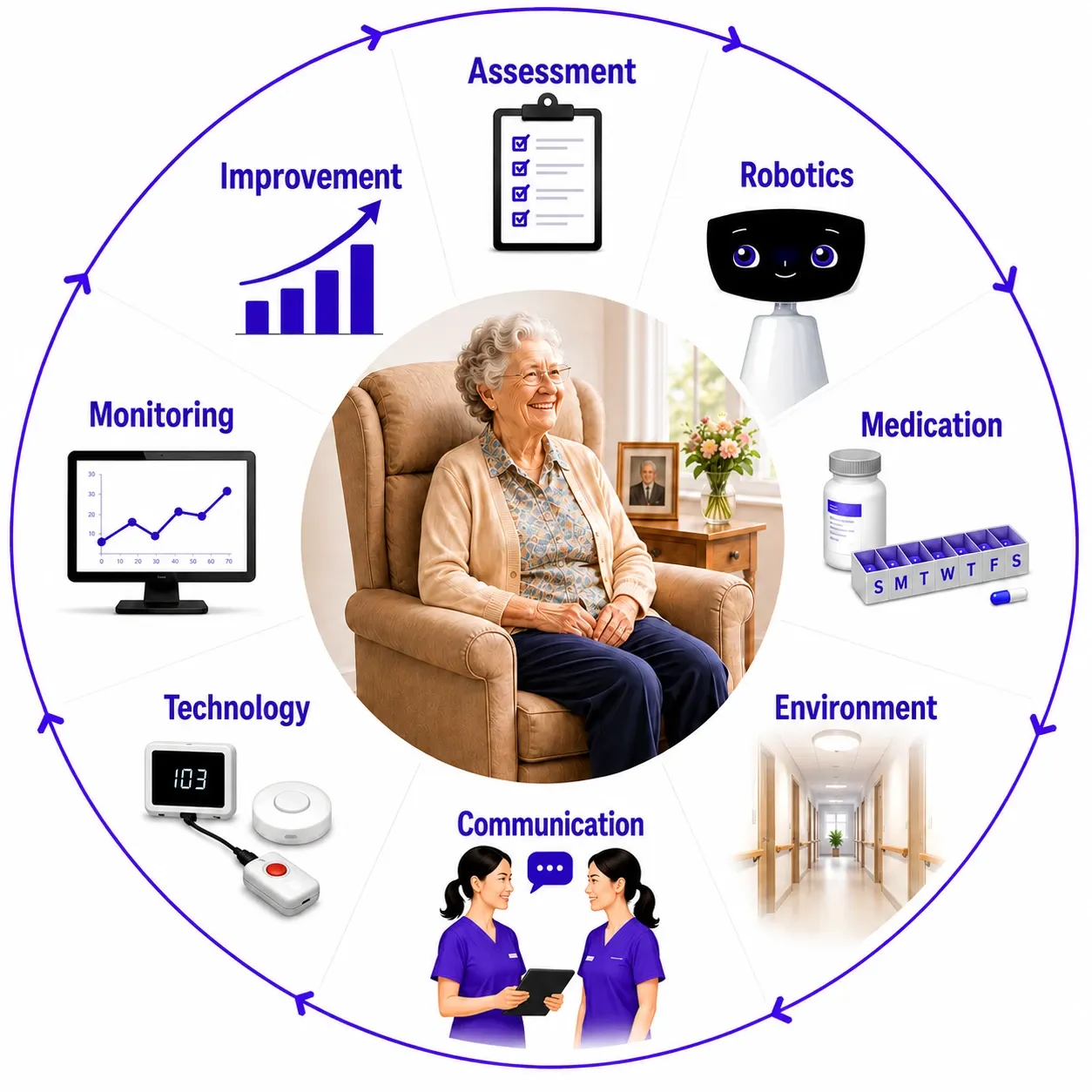 Fall prevention in nursing homes infographic showing a comprehensive prevention program.