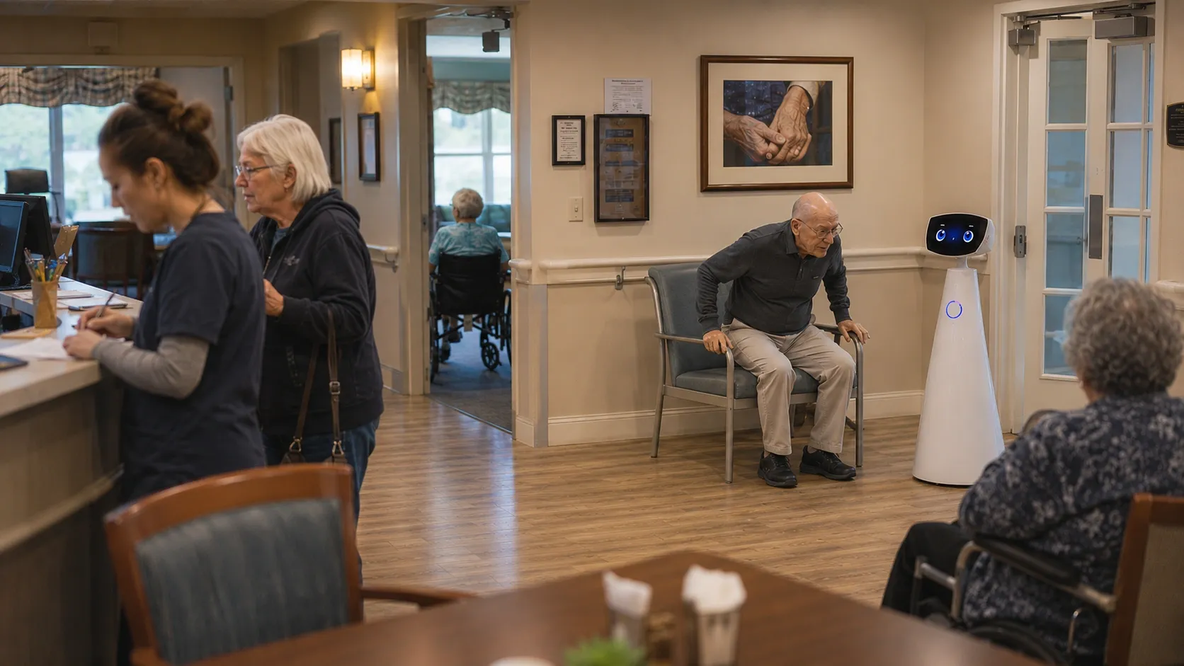 Fall prevention in nursing homes with Robin engaging a resident attempting to stand.