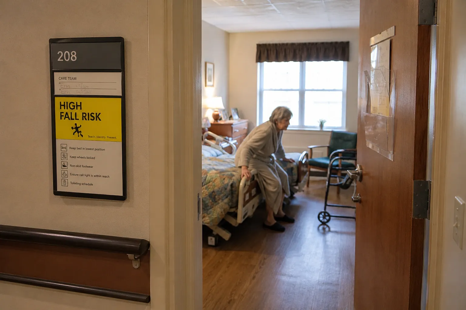 High fall risk sign outside a nursing home room where a resident is attempting to stand.