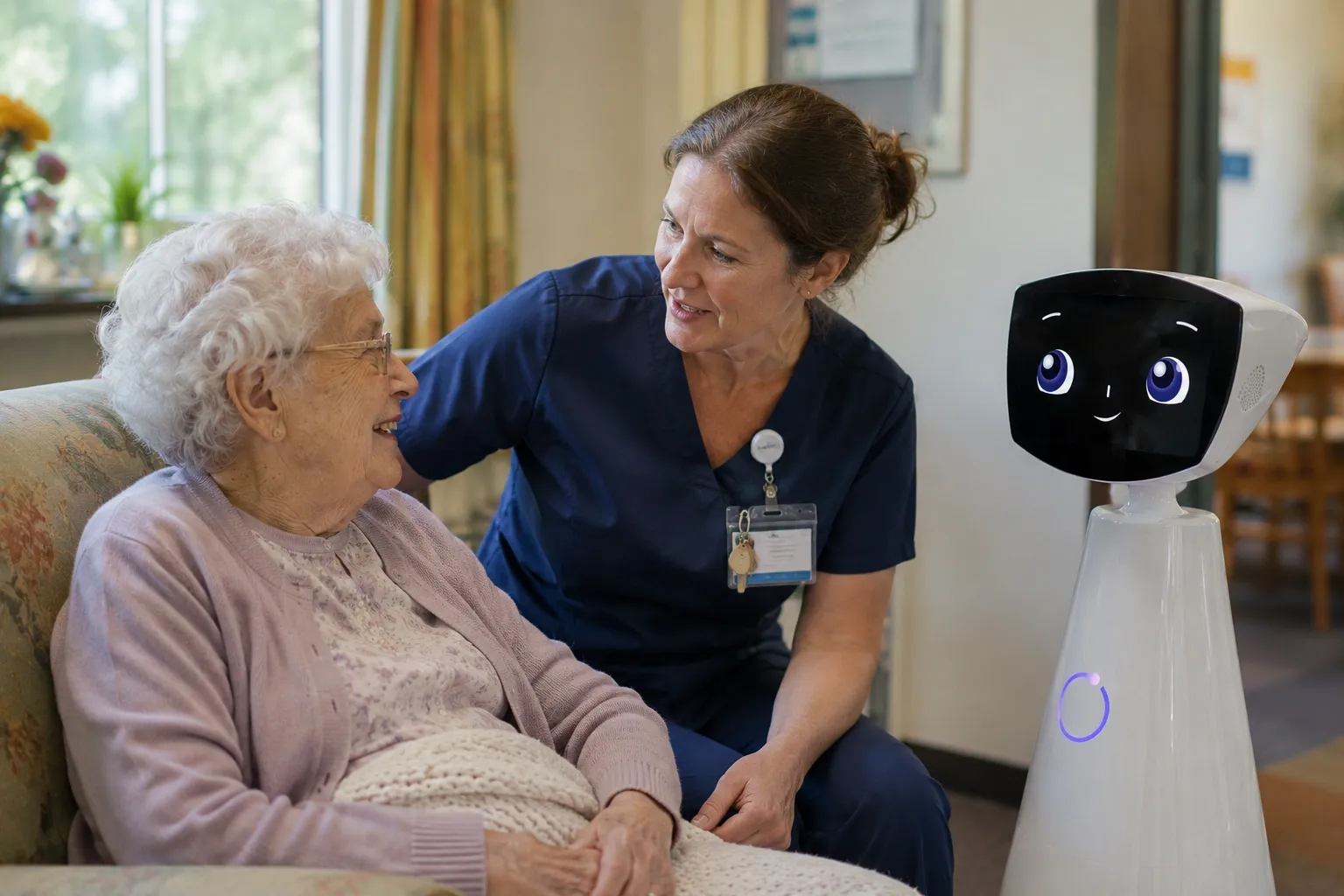 Robin healthcare robot assisting a nurse during resident engagement in a nursing home.