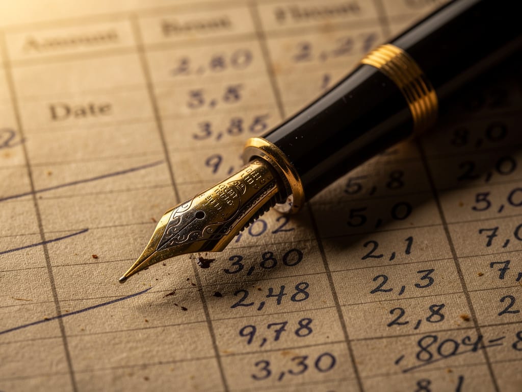 Close-up of a pen on a financial ledger for investment analysis
