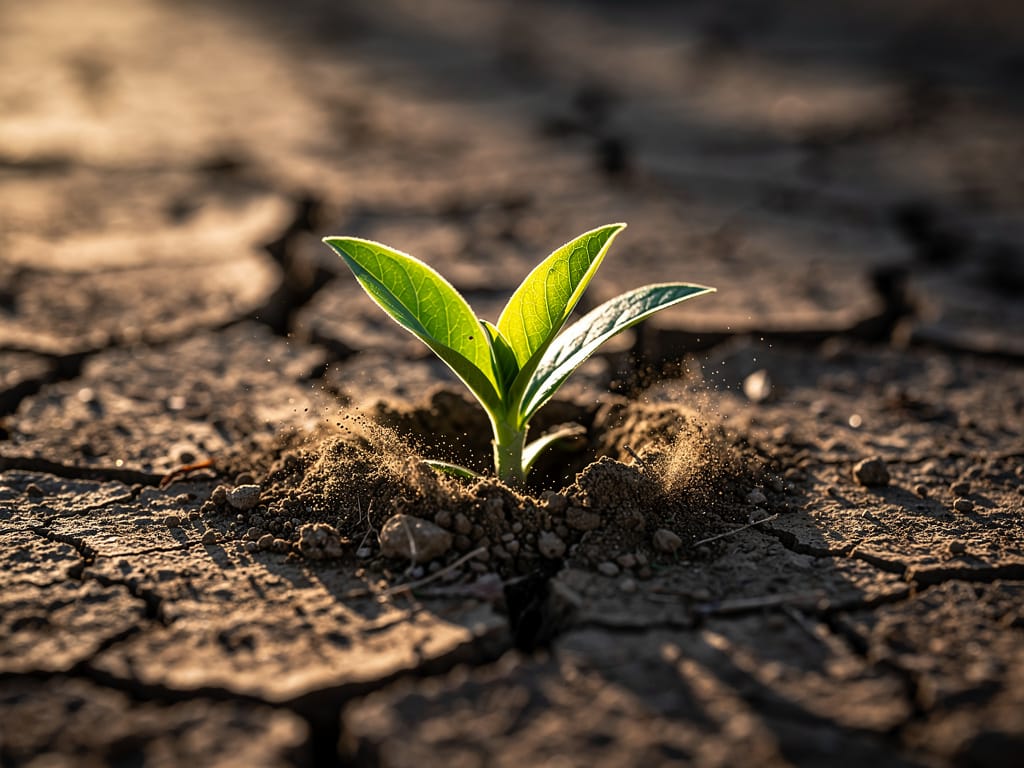A single green plant growing from dry, cracked ground
