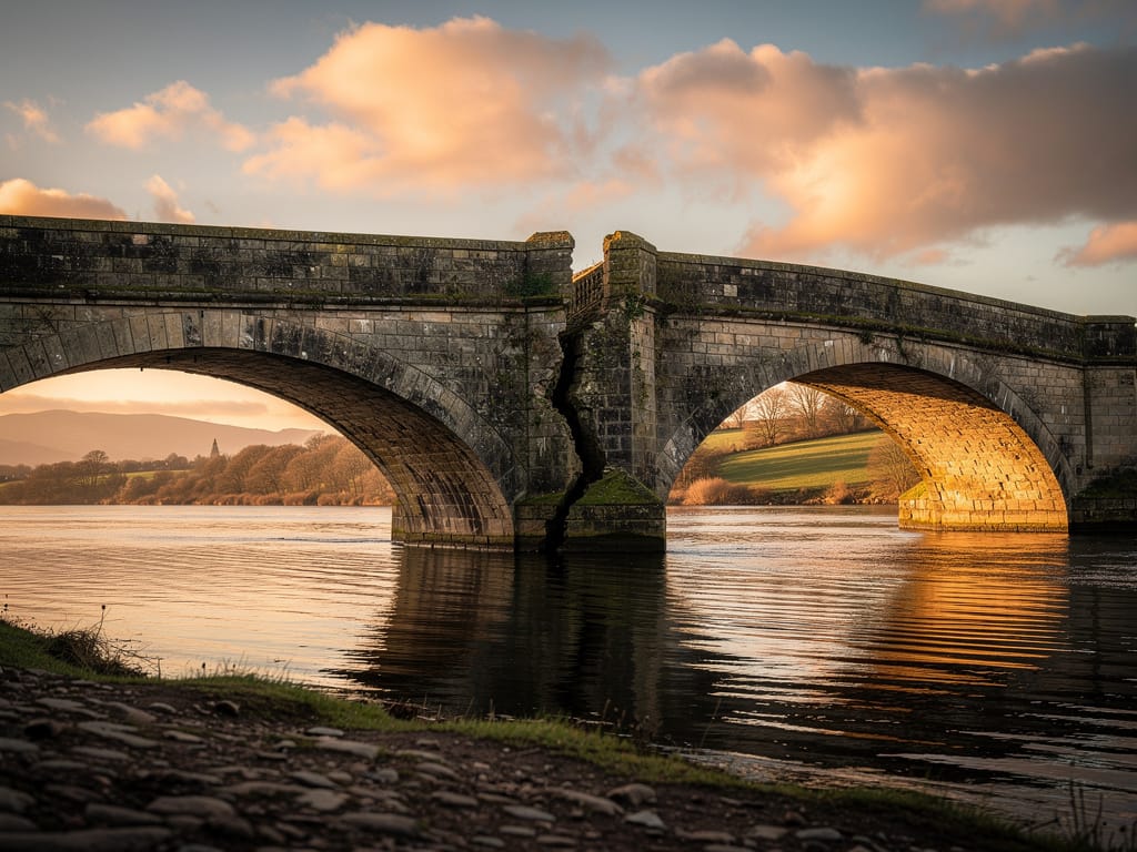 A cracked stone bridge pillar representing the failure of the 60/40 portfolio
