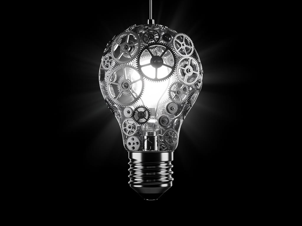 An intricate lightbulb made of gears representing an idea