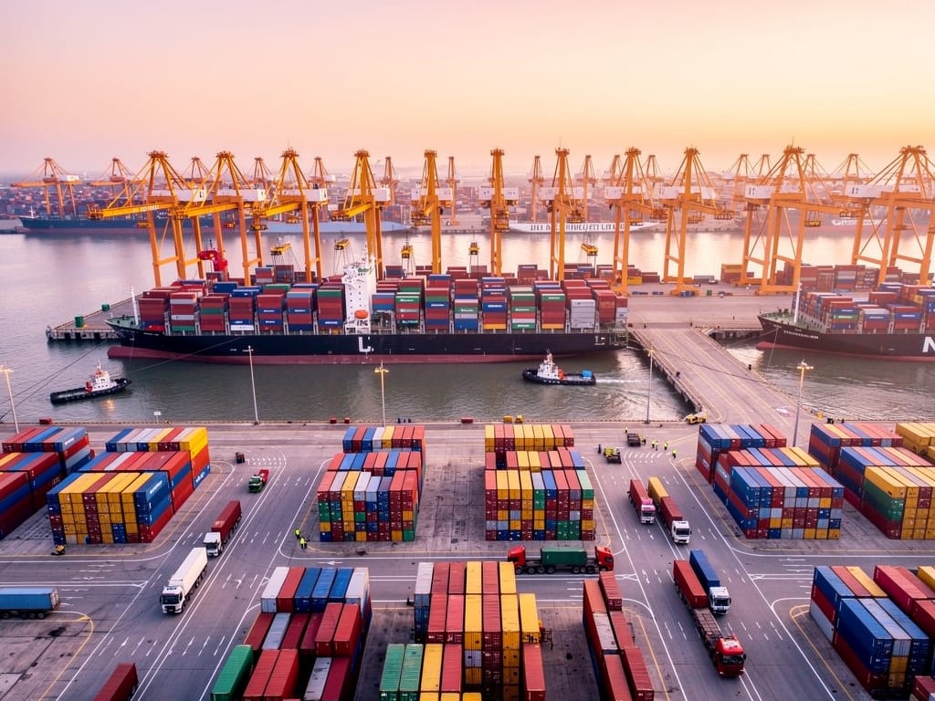 Global shipping port with container ships representing the commodity trade