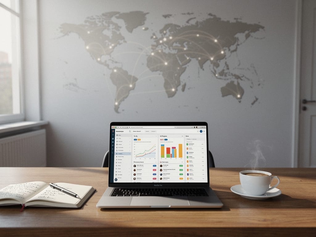 Laptop displaying a project management dashboard on a clean desk, symbolizing digital service arbitrage