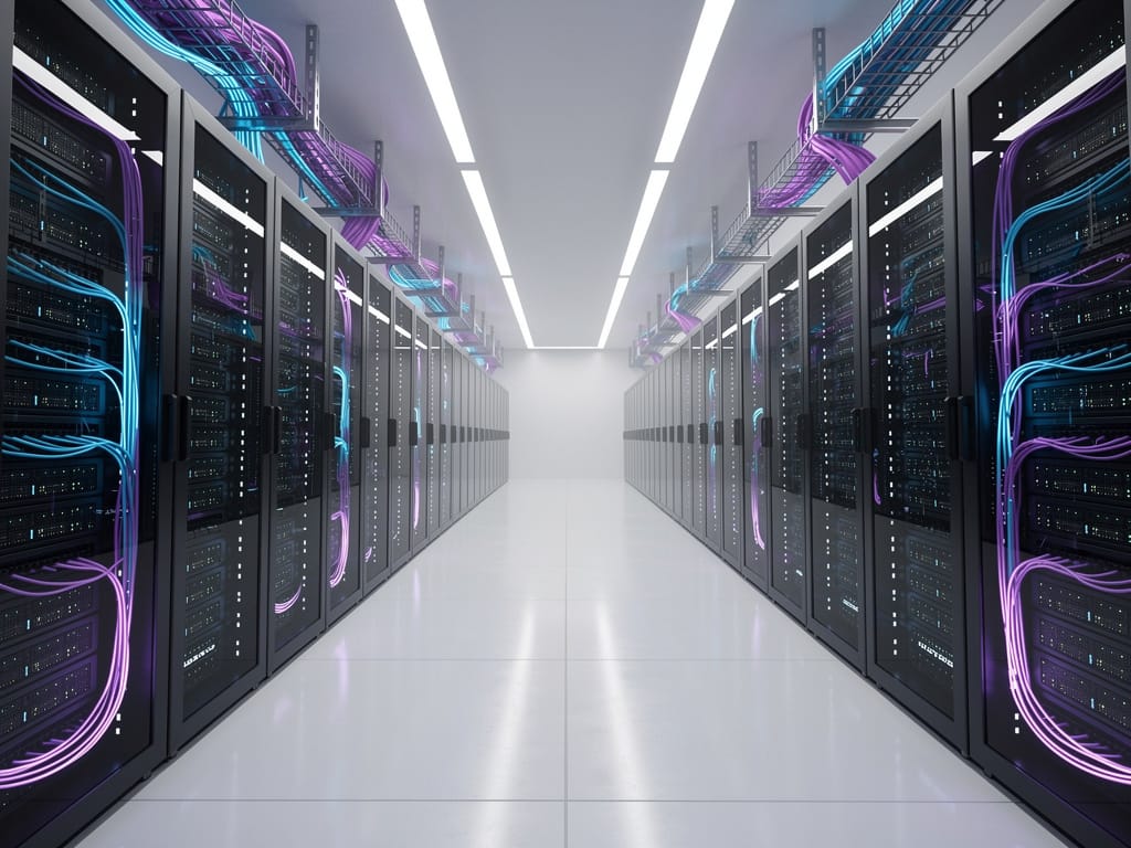 A modern data center with rows of servers and glowing cables