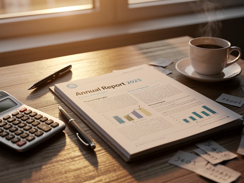 An annual report on a desk with a calculator and coffee.
