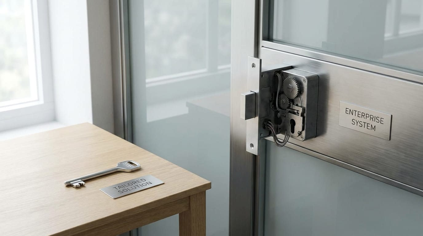 A small, simple key beside a large, complicated lock, symbolizing a specific solution for a complex problem.