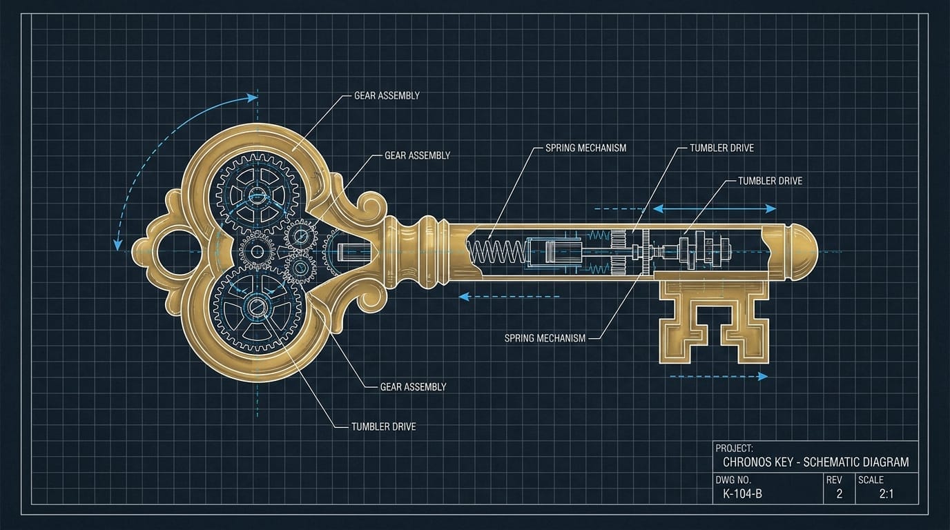 A technical diagram of a complex key representing access to regulatory opportunities