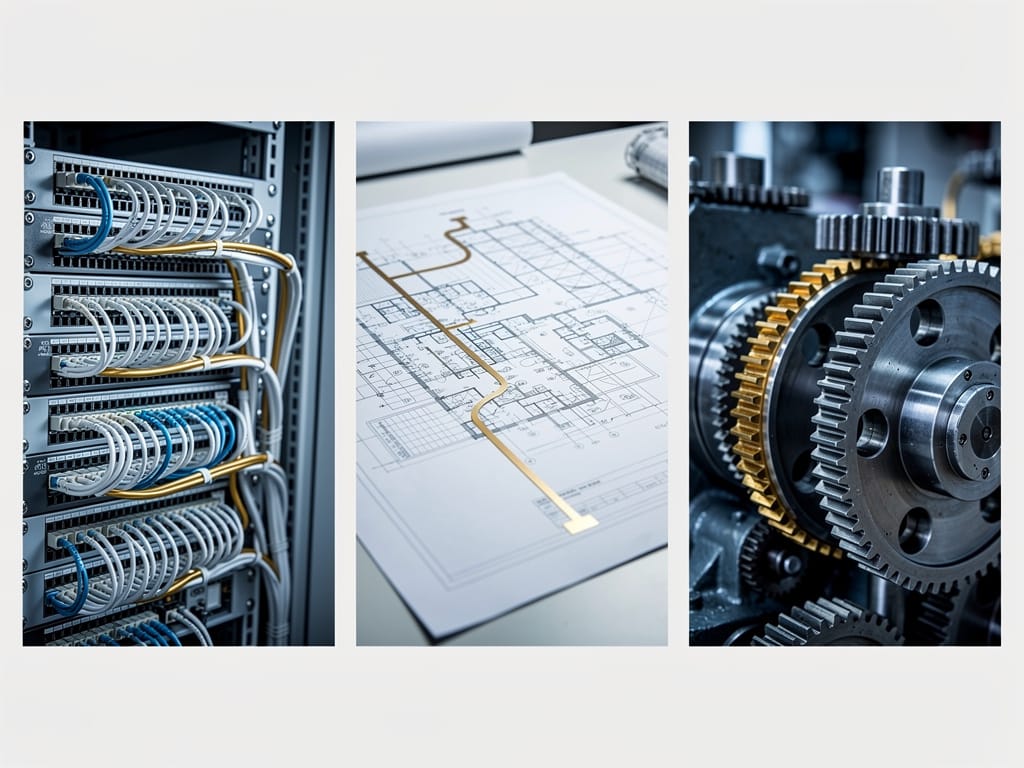 A triptych of B2B infrastructure showing server wires, a blueprint, and gears.