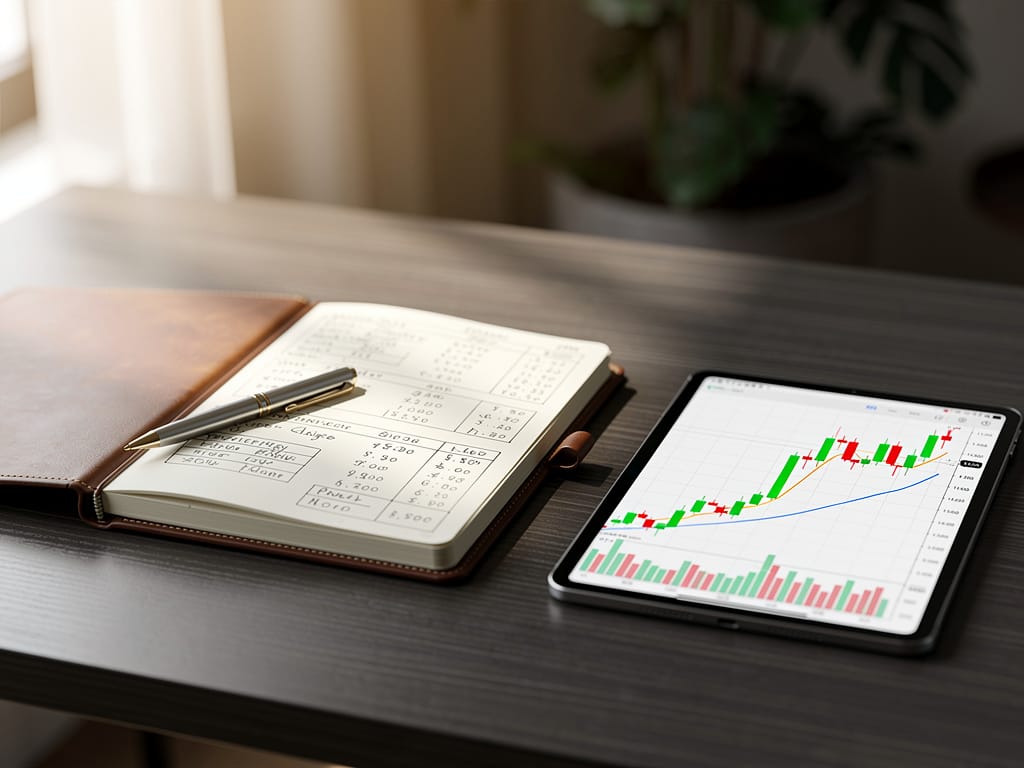 A desk setup for analyzing a company's intrinsic value with charts and notes