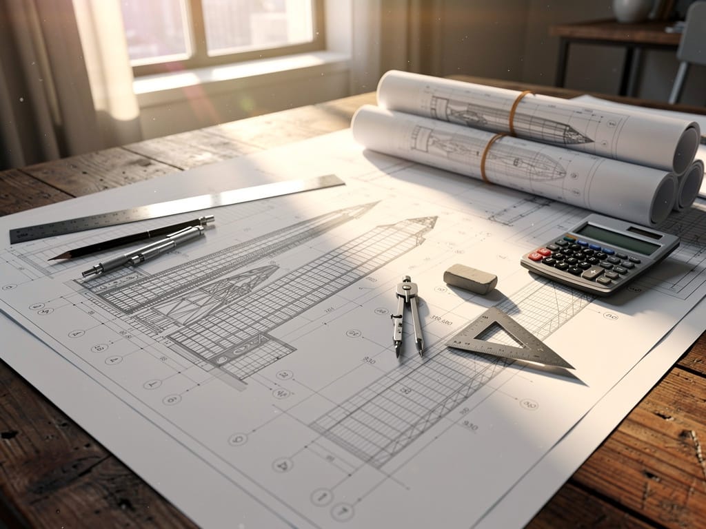Architectural blueprints for a skyscraper on a desk at sunrise