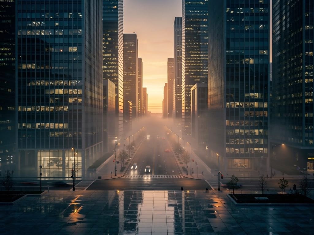 Financial district skyline at dusk with warm cinematic lighting