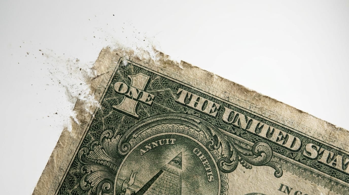 Dollar bill dissolving representing cash losing value to inflation