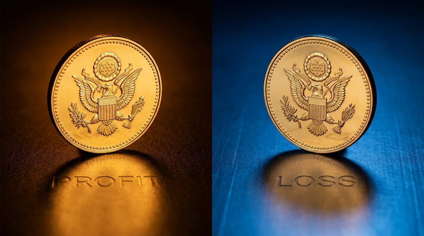 Two gold coins with warm and cold color grading representing currency risk duality