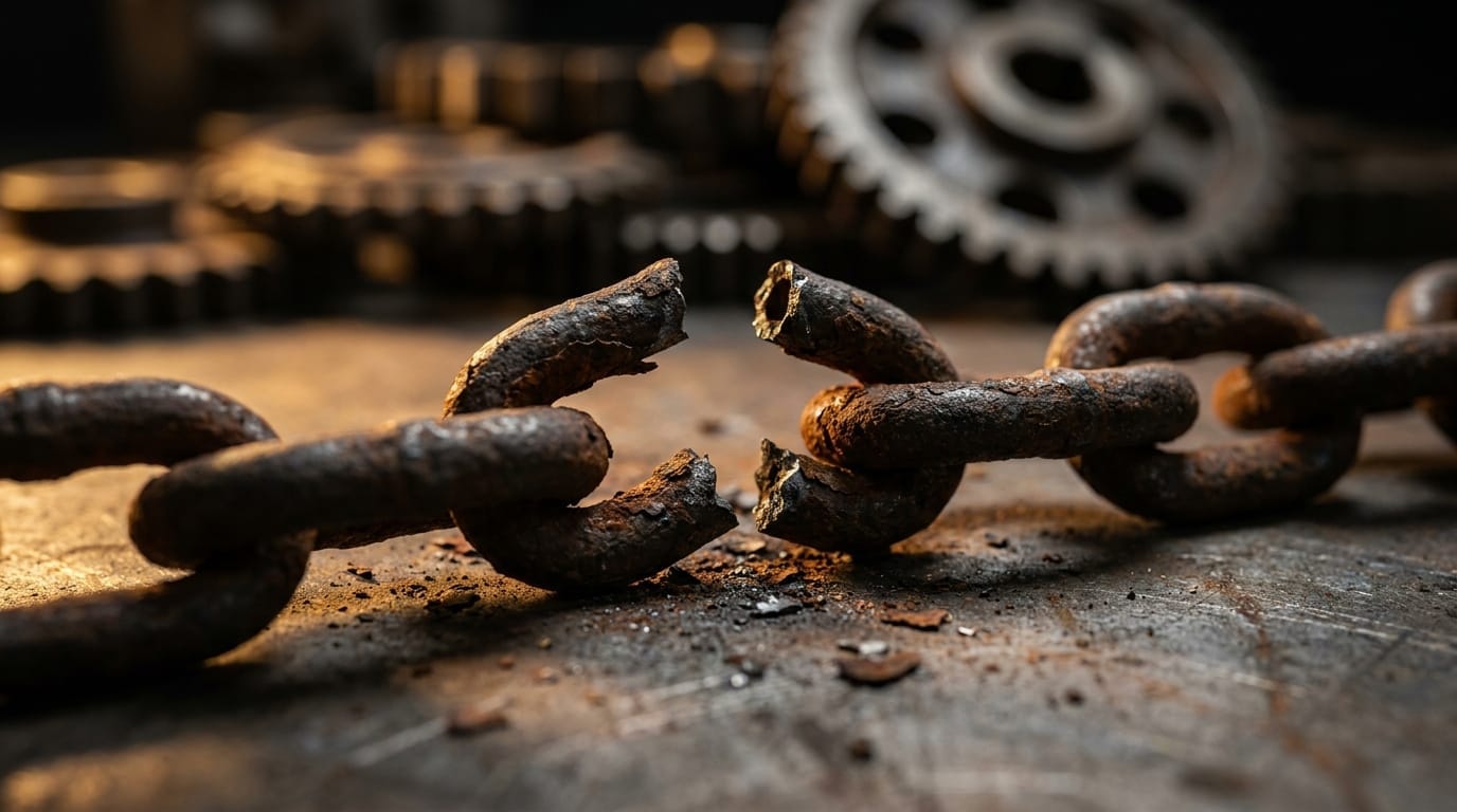 Broken industrial chain link on steel surface