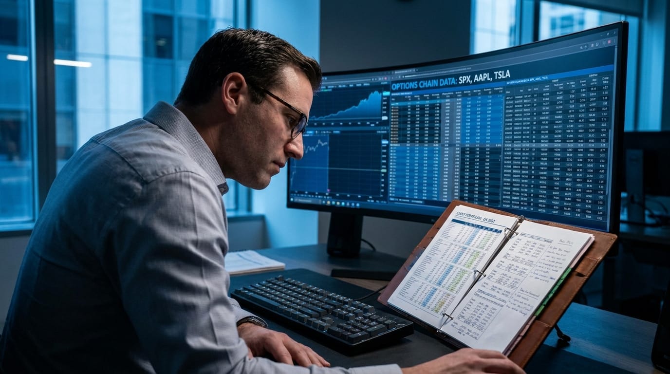 Financial analyst reviewing options data on a monitor with a portfolio binder
